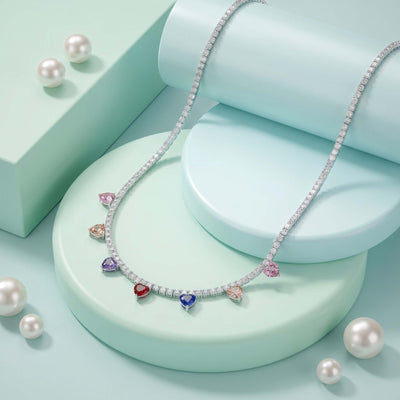 Sterling Silver Multicolor Heart Crystal Tennis Necklace – Rainbow Gemstone Statement Necklace