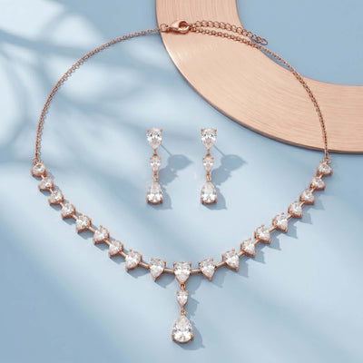Rose Gold Pear-Cut Droplet Necklace Set