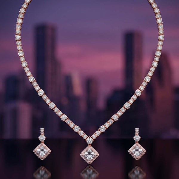 Rose Gold Princess-Cut Halo Tennis Necklace Set - Flâneur Global® | FG | 925 Fine Silver Jewelry & Accessories