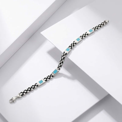 Turquoise Inlay Checkerboard Silver Bracelet