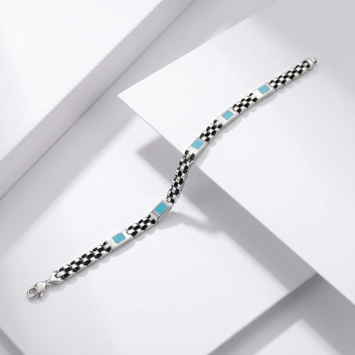 Turquoise Inlay Checkerboard Silver Bracelet