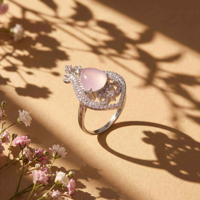 Pear-Shaped Pink Chalcedony and CZ Silver Ring for her