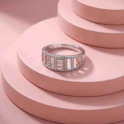 Geometric Openwork Baguette CZ Silver Ring for her Nav
