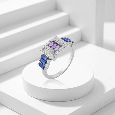 Rectangular Gemstone and Baguette Accent Silver Ring for her