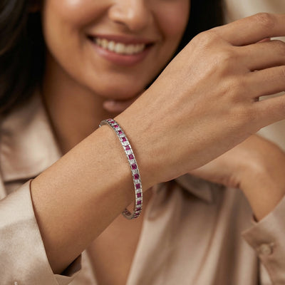 92.5 Fine Silver Channel-Set Bangles with Ruby & White Stones