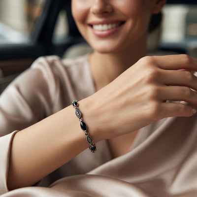 92.5 Fine Silver Sleek Marcasite & Marquise Black Onyx Link Bracelet