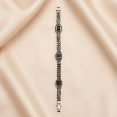 92.5 Fine Silver Vintage Marcasite Bracelet with Square Black Onyx