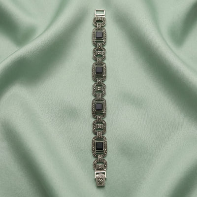 92.5 Fine Silver Vintage Marcasite Bracelet with Black Onyx Stones