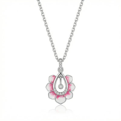 92.5 Fine Silver Pink Lotus Enamel Pendant with Zirconia Accent