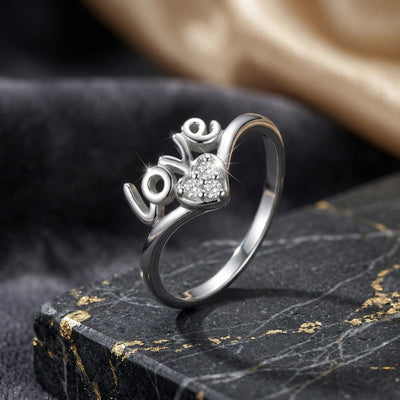92.5 Fine Silver Elegant "Love" Script Ring with Zirconia Heart