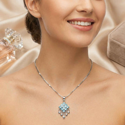 92.5 Fine Silver Blue Topaz and White Stone Floral Pendant