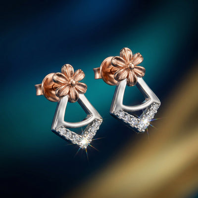 Dual-Tone Floral Geometric Drop Stud Earrings