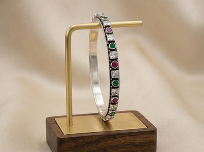 Navratna-Inspired Multi-Gem Silver Bangle