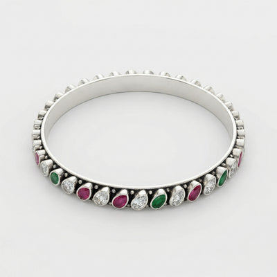 Navratna-Inspired Multi-Gem Silver Bangle