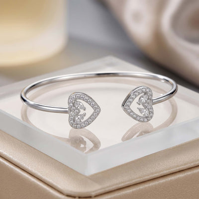 Pavé Heart Halo Silver Open Bracelet