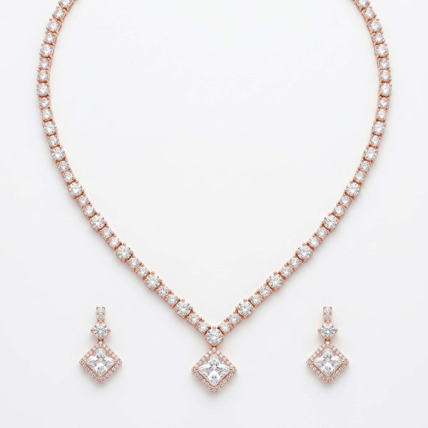 Rose Gold Princess-Cut Halo Tennis Necklace Set - Flâneur Global® | FG | 925 Fine Silver Jewelry & Accessories