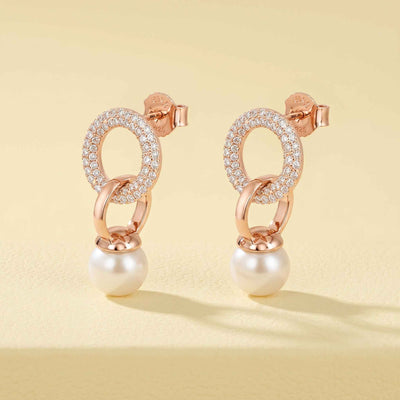 Interlocking Circle Freshwater Pearl Drop Earrings in 18K Rose Gold