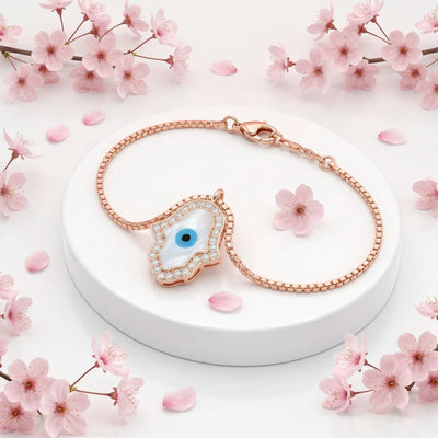 Sacred Hamsa Evil Eye Rose Gold Plated Silver Bracelet