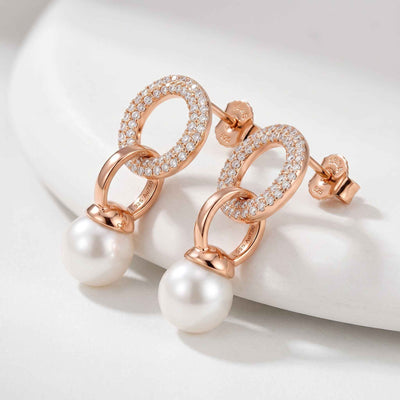 Interlocking Circle Freshwater Pearl Drop Earrings in 18K Rose Gold