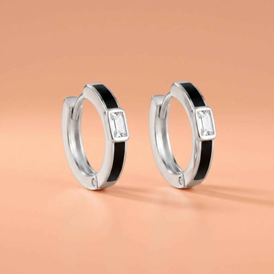 Baguette Zirconia and Black Enamel Huggie Earrings in Flaneur 925 Silver