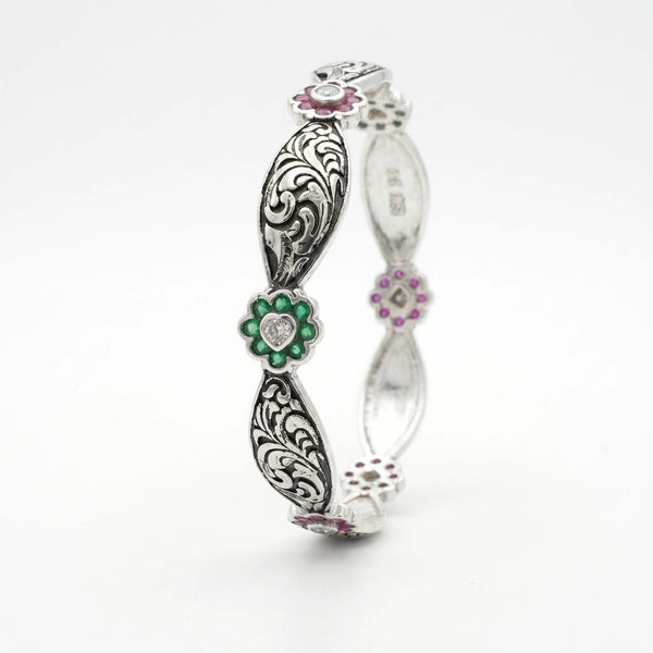 Oxidized Floral Meenakari Silver Bracelet - Flâneur Global® | FG | 925 Fine Silver Jewelry & Accessories