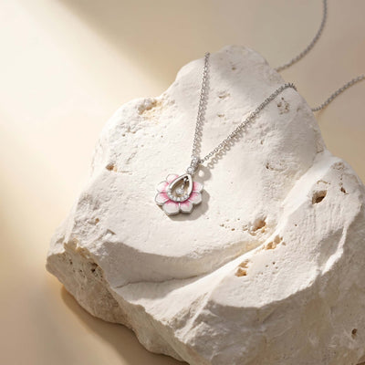 92.5 Fine Silver Pink Lotus Enamel Pendant with Zirconia Accent