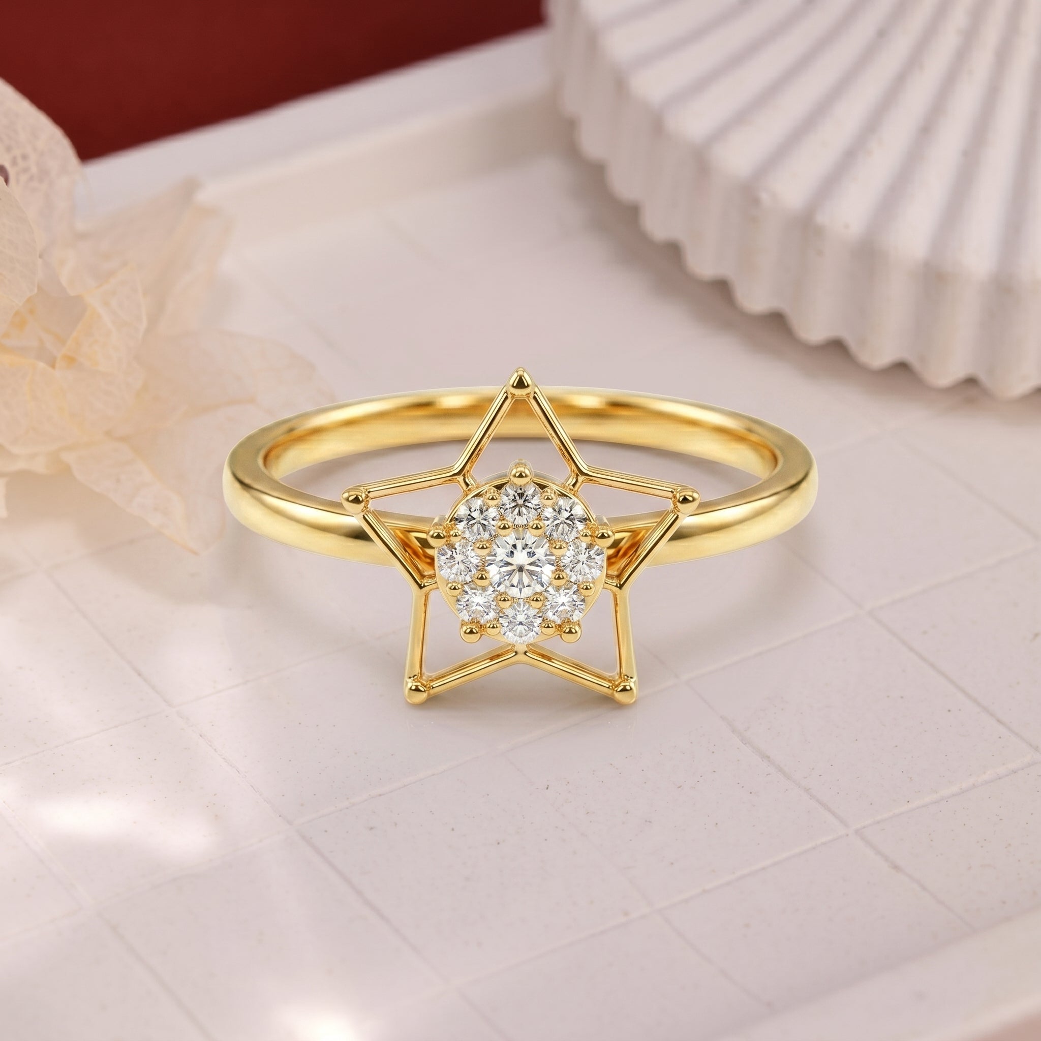 Natural Diamond Yellow Gold Star Ring