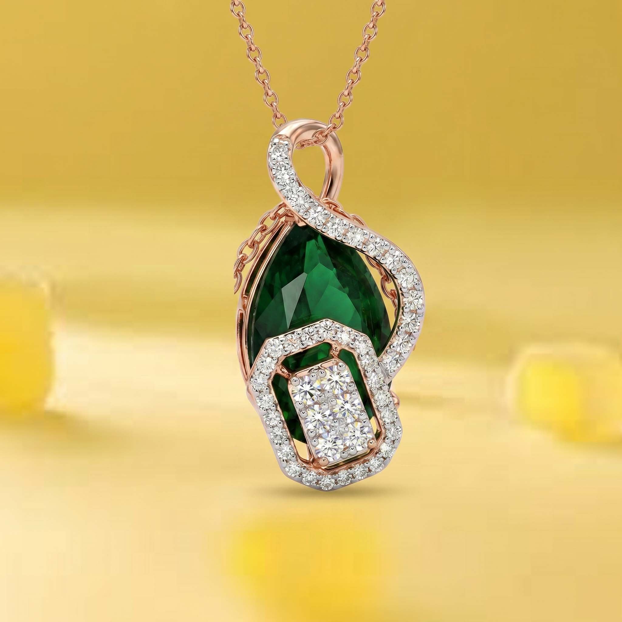 Natural Diamond Rose Gold Emerald Pendant