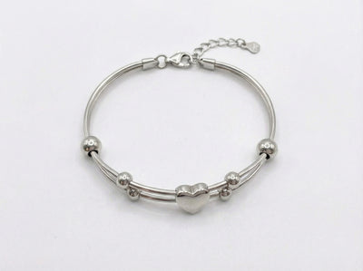 92.5 Fine Silver Double-Wire Heart Charm Bracelet with Silver Beads