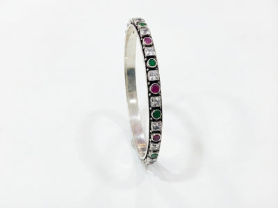 Navratna-Inspired Multi-Gem Silver Bangle