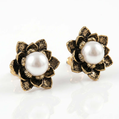 Vintage Pearl Antique Gold Lotus Earrings