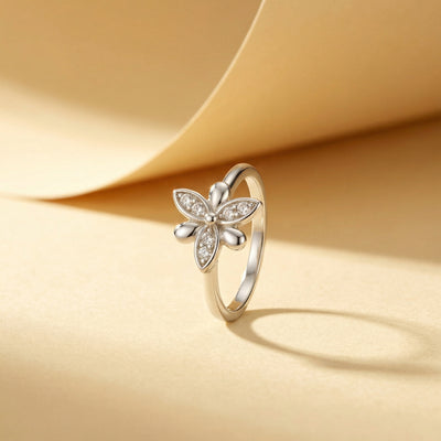 92.5 Fine Silver Dainty Butterfly Adjustable Ring with Zirconia