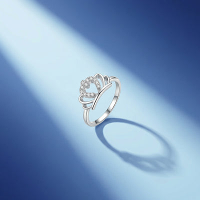 92.5 Fine Silver Elegant Double Heart Adjustable Ring with Zirconia