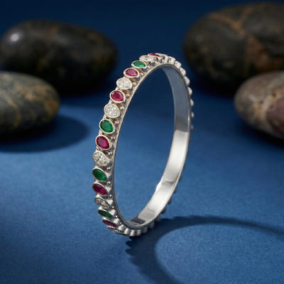 Navratna-Inspired Multi-Gem Silver Bangle
