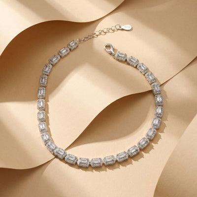 Emerald Cut Crystal Tennis Anklet for Women in Sterling Silver