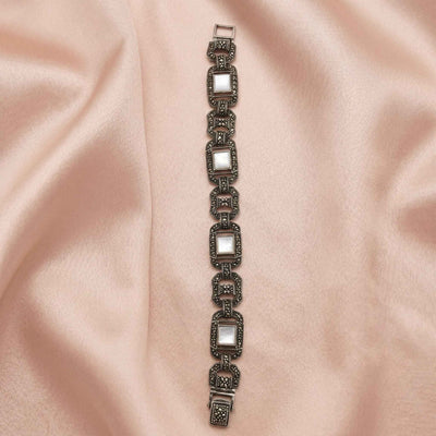 92.5 Fine Silver Vintage Marcasite Bracelet with Mother of Pearl